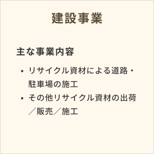 建設事業 主な事業内 リサイクル資材による道路・駐車場の施工、その他リサイクル資材の出荷／販売／施工